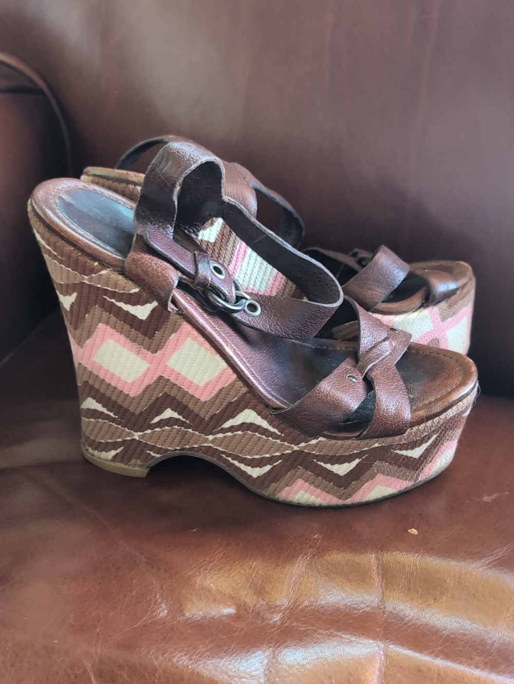 Miu Miu Brown Leather Strappy Wedge Sandals with Pink Chevron Platform